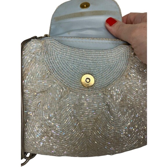 50's 60's  Vintage DeLill Beaded Evening Bag Iridescent White Purse Metal Strap - Picture 2 of 16